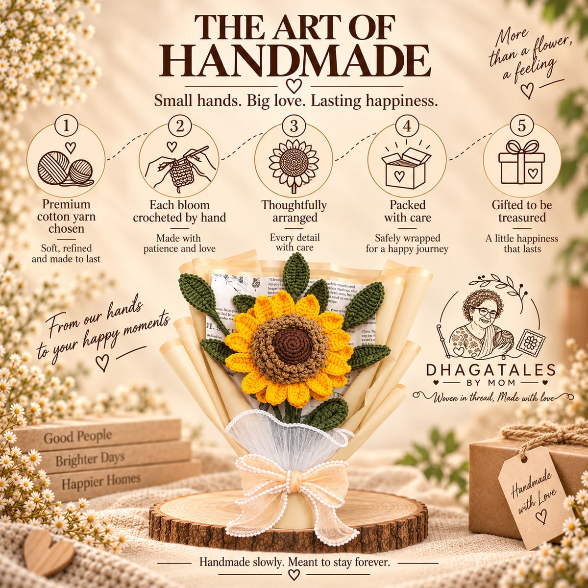 Five stages of making and gift wrapping a handmade crochet sunflower bouquet