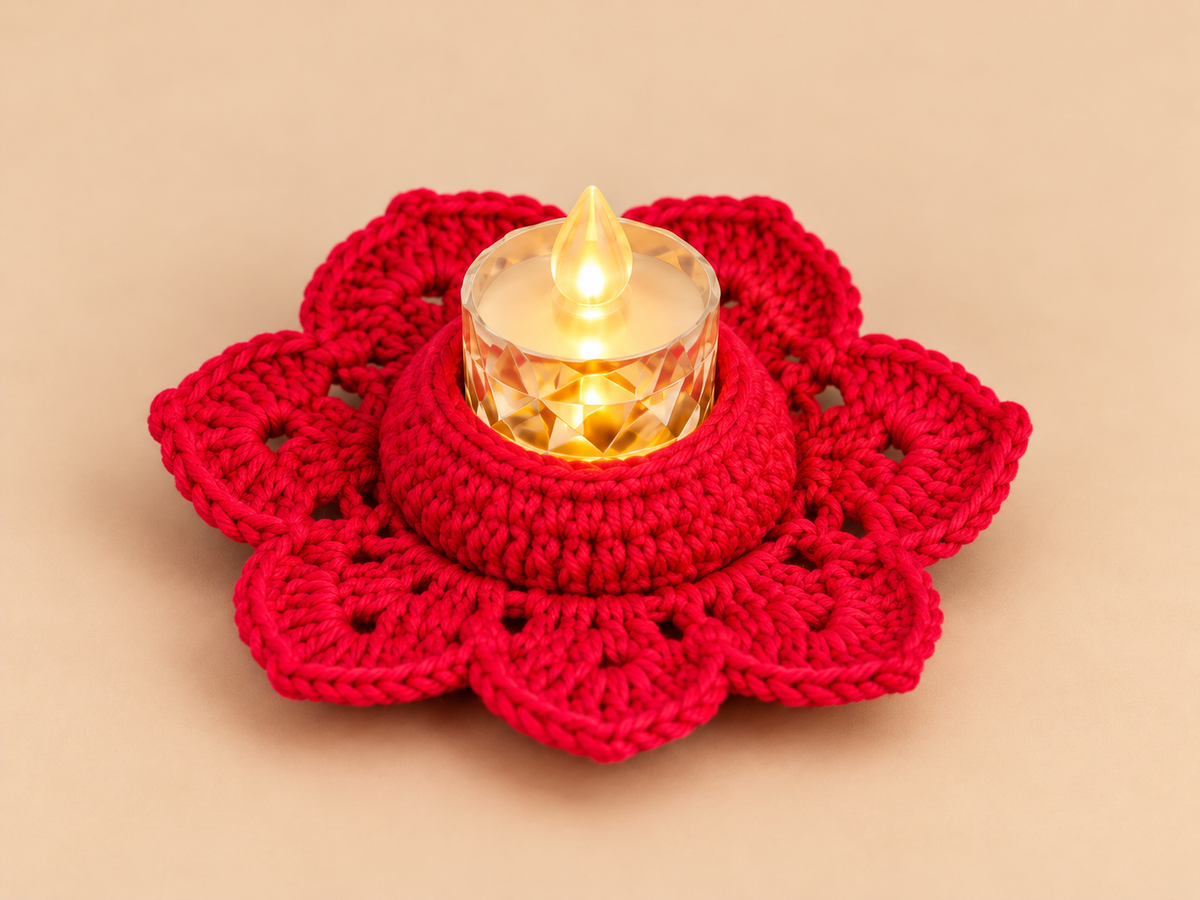 Magenta flower-shaped crochet diya holder with included LED diya