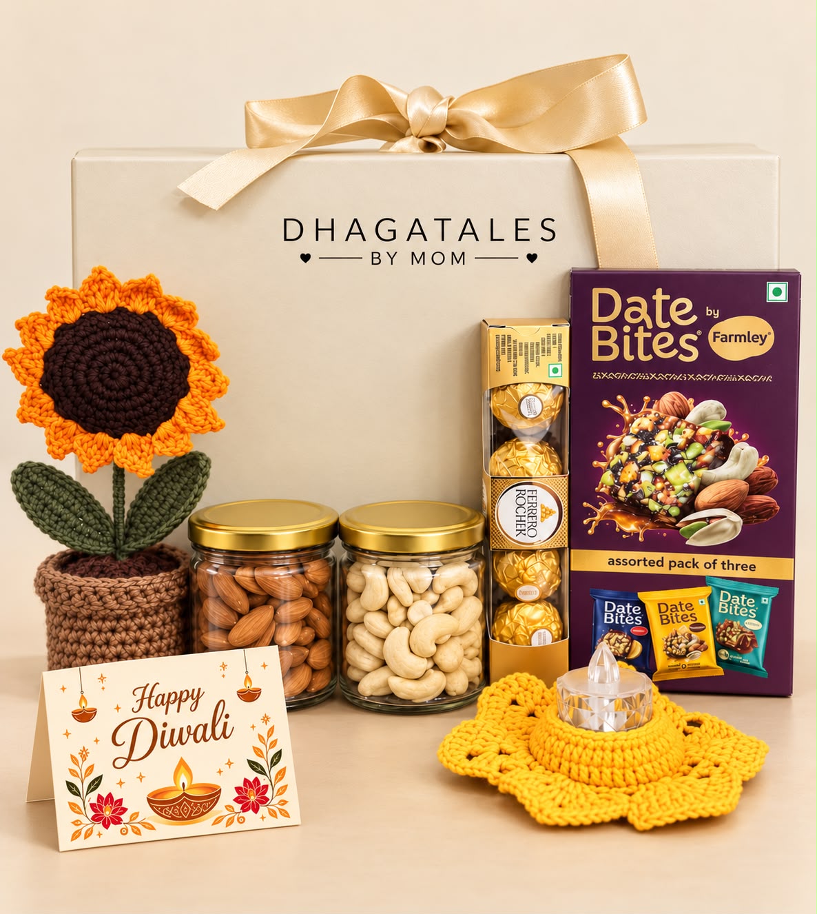 Shubh Aarambh Diwali hamper with handmade sunflower, LED tealight, almond and cashew jars, Date Bites and Ferrero Rocher