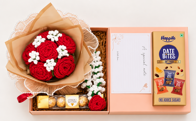 DhagaTales Karwa Chauth gift box with handmade crochet roses