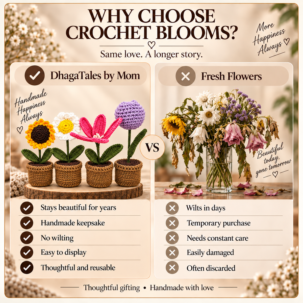 Bloom Quartet – Garden Collection: comparison graphic presenting the handmade keepsake alongside a conventional alternative.