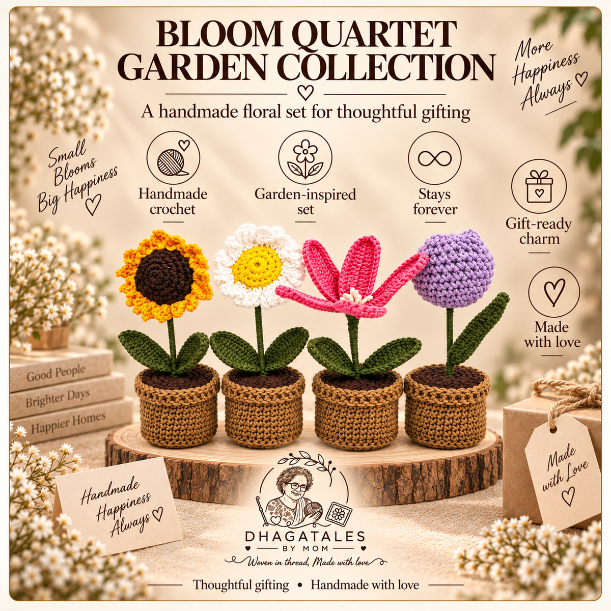 Bloom Quartet – Garden Collection: illustrated overview of the crochet design and gifting details.