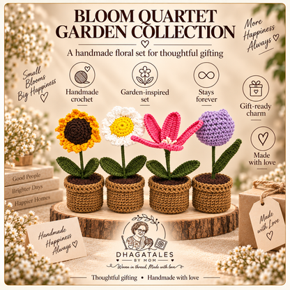 Bloom Quartet – Garden Collection: illustrated overview of the crochet design and gifting details.
