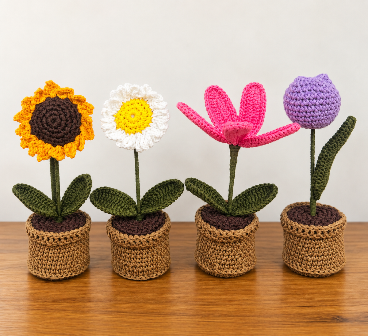 Bloom Quartet Garden Collection displayed in a row on a wooden tabletop.