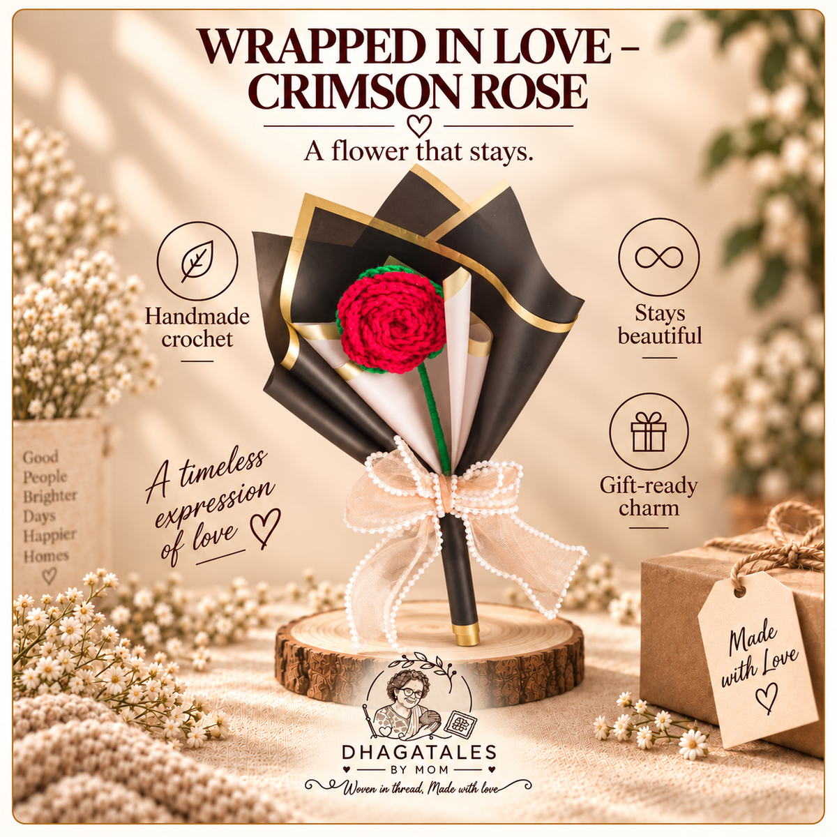 Wrapped in Love – Crimson Rose: illustrated overview of the crochet design and gifting details.