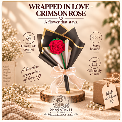 Wrapped in Love – Crimson Rose: illustrated overview of the crochet design and gifting details.