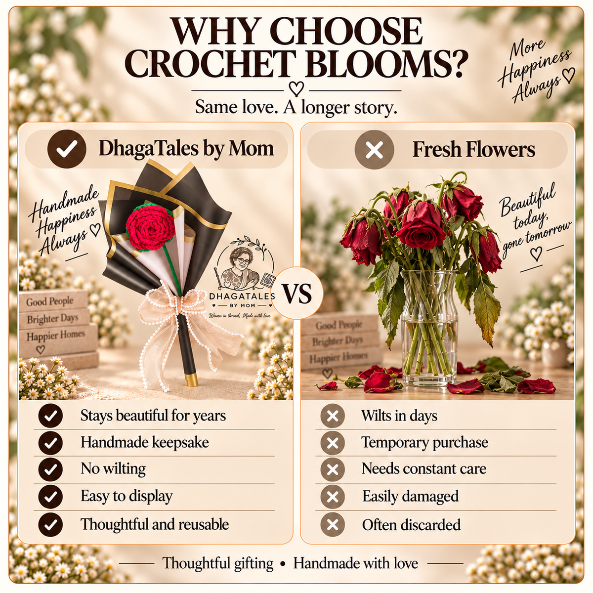 Wrapped in Love – Crimson Rose: comparison graphic presenting the handmade keepsake alongside a conventional alternative.