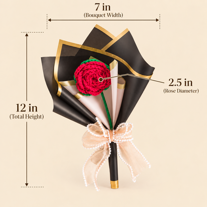 Wrapped in Love Crimson Rose size guide: 12-inch bouquet height, 7-inch width and 2.5-inch rose diameter.