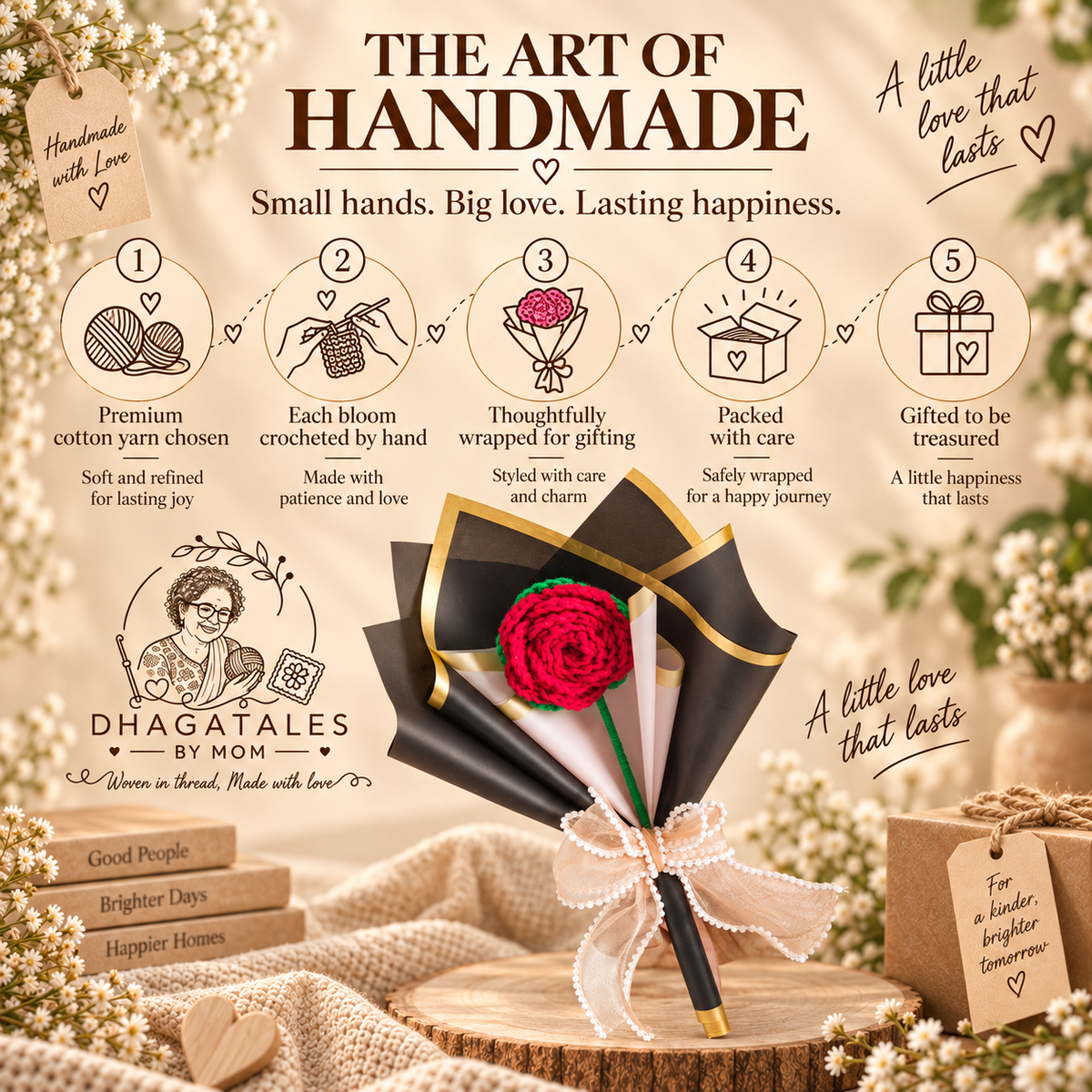 Wrapped in Love – Crimson Rose: 'The Art of Handmade' graphic illustrating crochet, finishing and gift presentation.