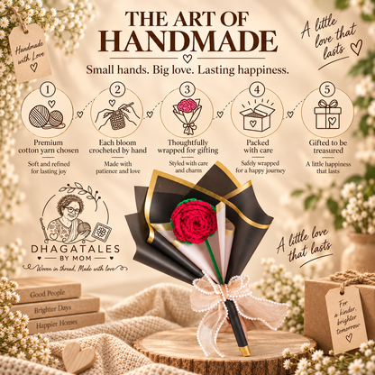Wrapped in Love – Crimson Rose: 'The Art of Handmade' graphic illustrating crochet, finishing and gift presentation.