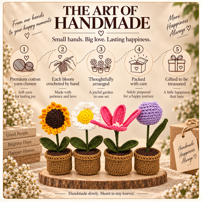 Bloom Quartet – Garden Collection: 'The Art of Handmade' graphic illustrating crochet, finishing and gift presentation.