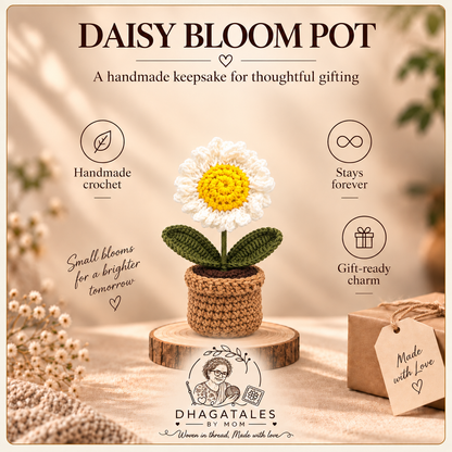 Ivory Daisy Pot: illustrated overview of the crochet design and gifting details.