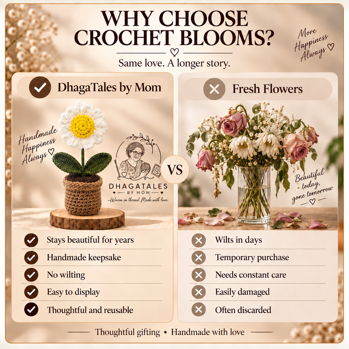 Ivory Daisy Pot: comparison graphic presenting the handmade keepsake alongside a conventional alternative.