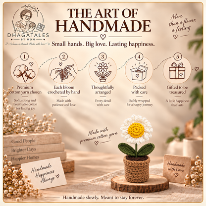 Ivory Daisy Pot: 'The Art of Handmade' graphic illustrating crochet, finishing and gift presentation.