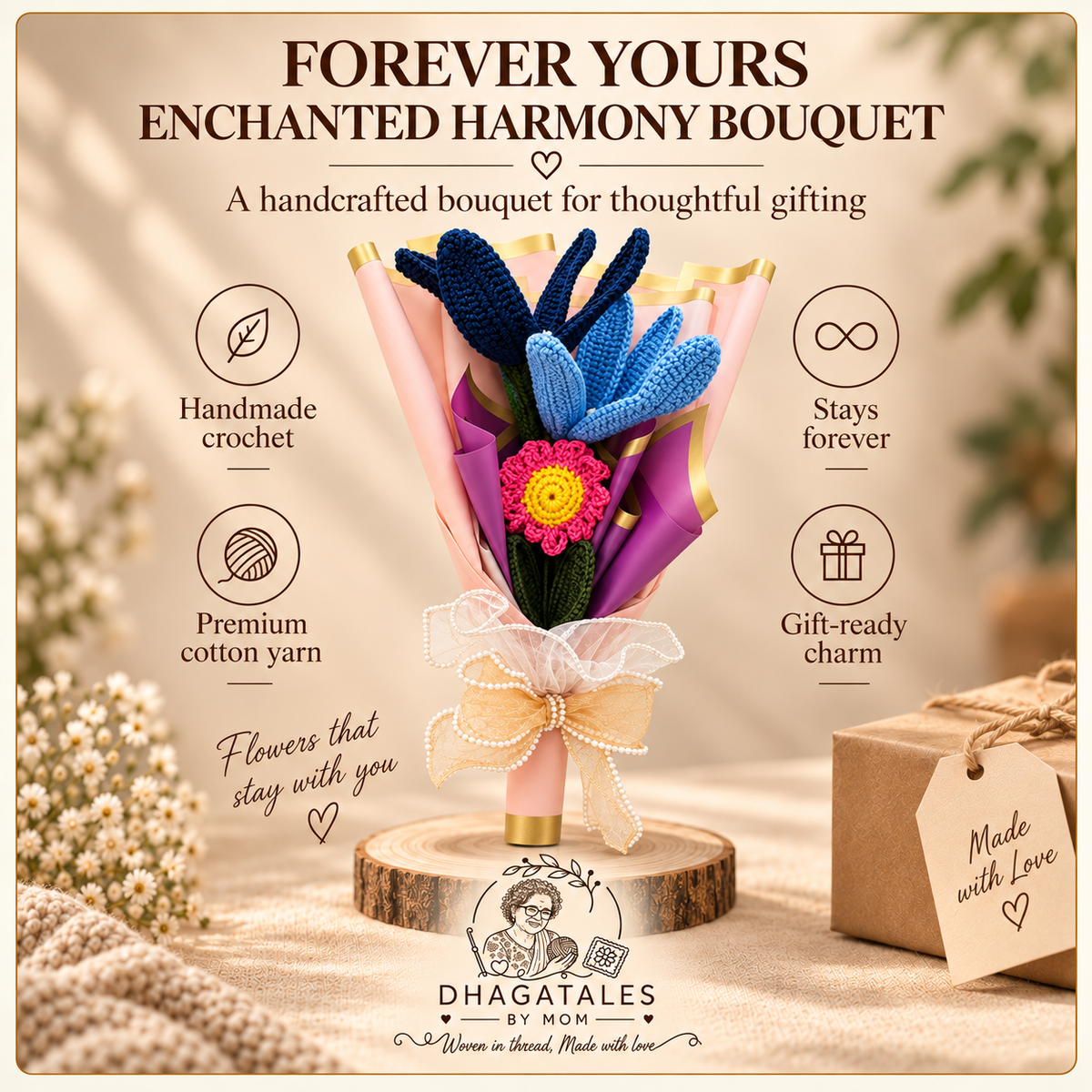 Forever Yours – Enchanted Harmony Bouquet: illustrated overview of the crochet design and gifting details.