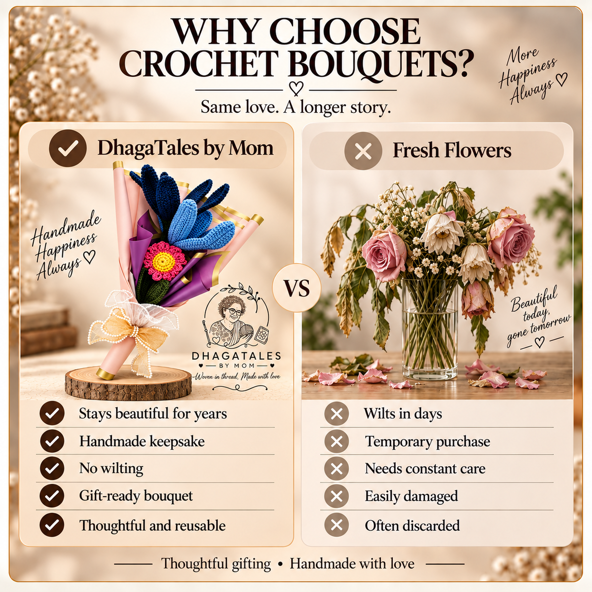 Forever Yours – Enchanted Harmony Bouquet: comparison graphic presenting the handmade keepsake alongside a conventional alternative.