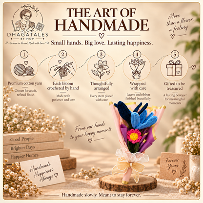 Forever Yours – Enchanted Harmony Bouquet: 'The Art of Handmade' graphic illustrating crochet, finishing and gift presentation.