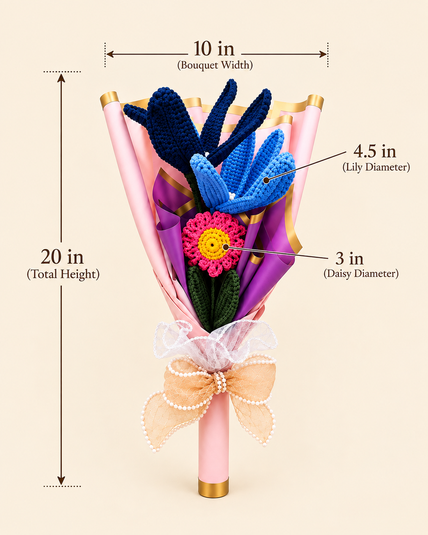 Enchanted Harmony Bouquet size guide: 20-inch height, 10-inch width, 4.5-inch lilies and 3-inch daisy.