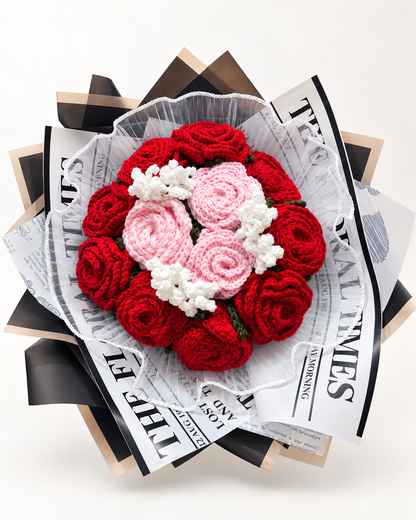 Always & Forever Bouquet viewed from above, with red and blush pink crochet roses and white fillers.