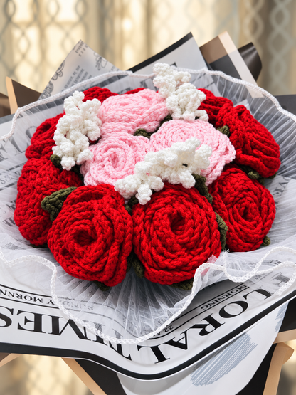 Angled close-up of Always & Forever Bouquet showing crochet roses and layered newspaper-style wrapping.