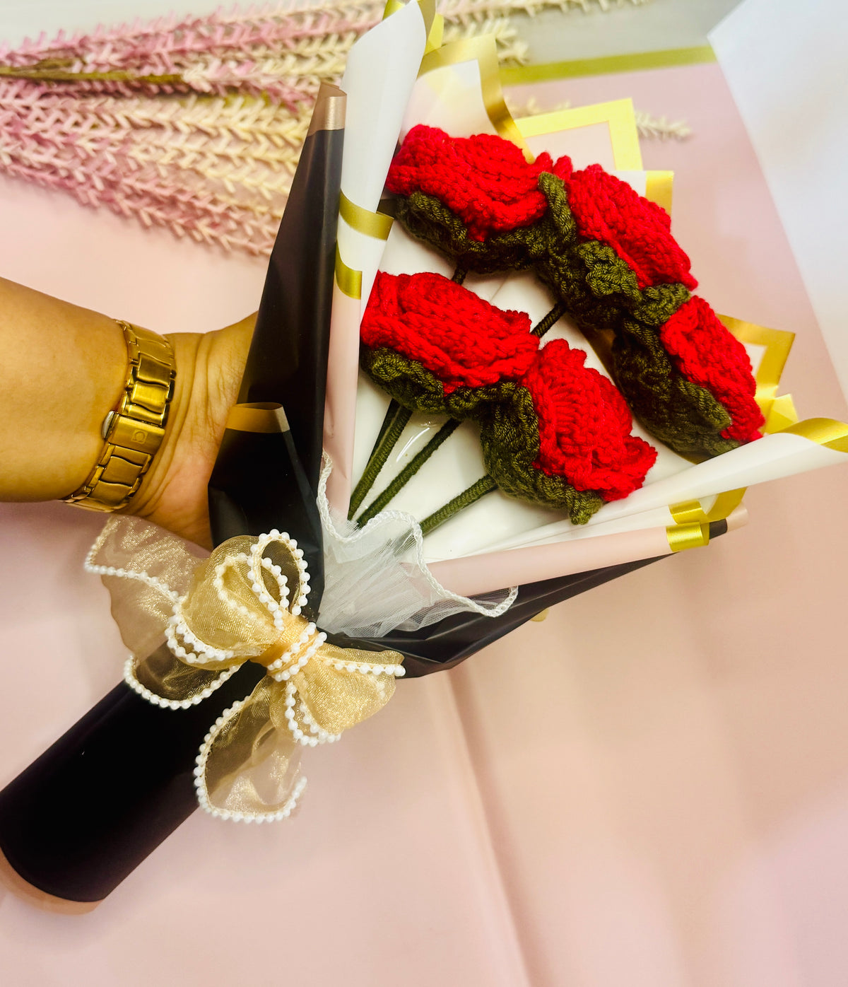 Forever Yours – Crimson Rose Bouquet held in hand for scale