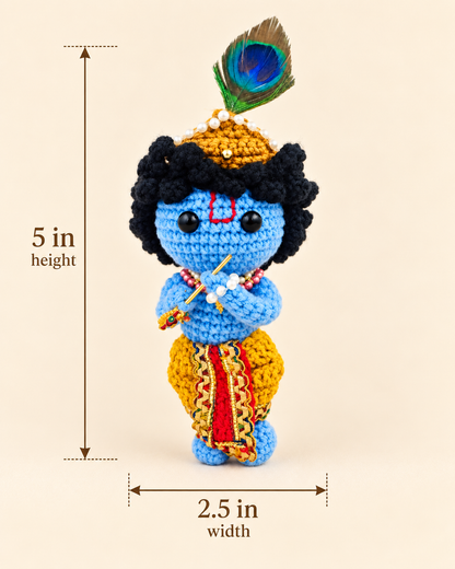 Handmade Crochet Krishna Ji size guide showing 5-inch height and 2.5-inch width.