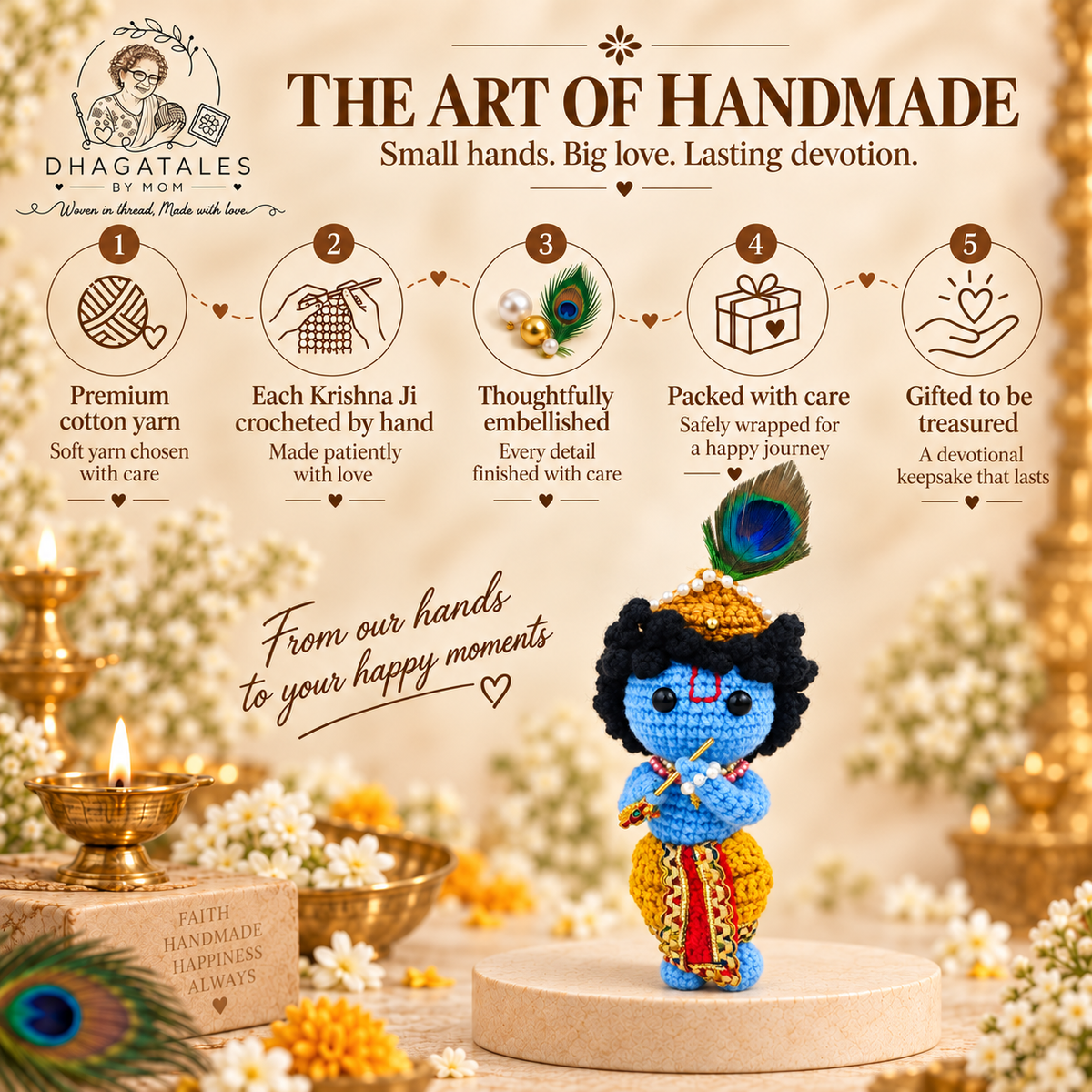Handmade Crochet Krishna Ji: 'The Art of Handmade' graphic illustrating crochet, finishing and gift presentation.