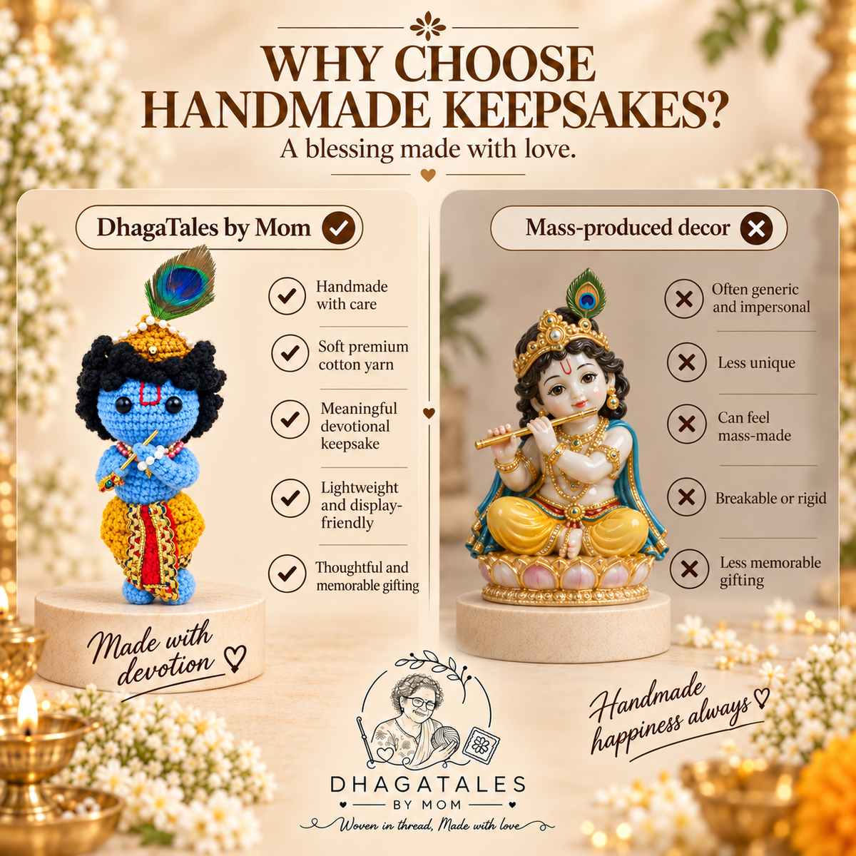Handmade Crochet Krishna Ji: comparison graphic presenting the handmade keepsake alongside a conventional alternative.