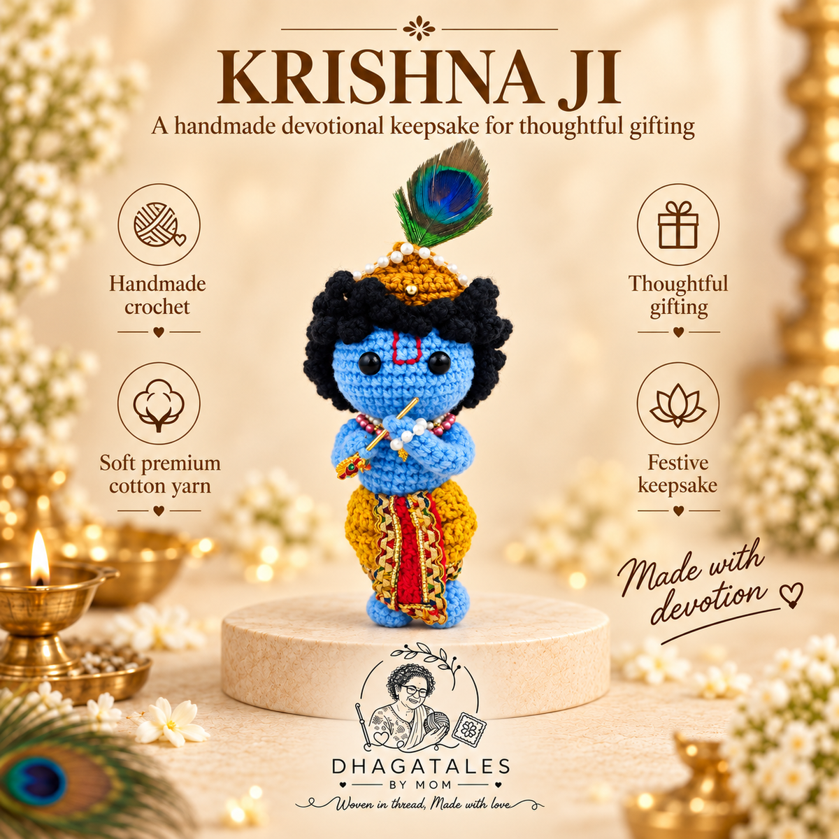 Handmade Crochet Krishna Ji: illustrated overview of the crochet design and gifting details.