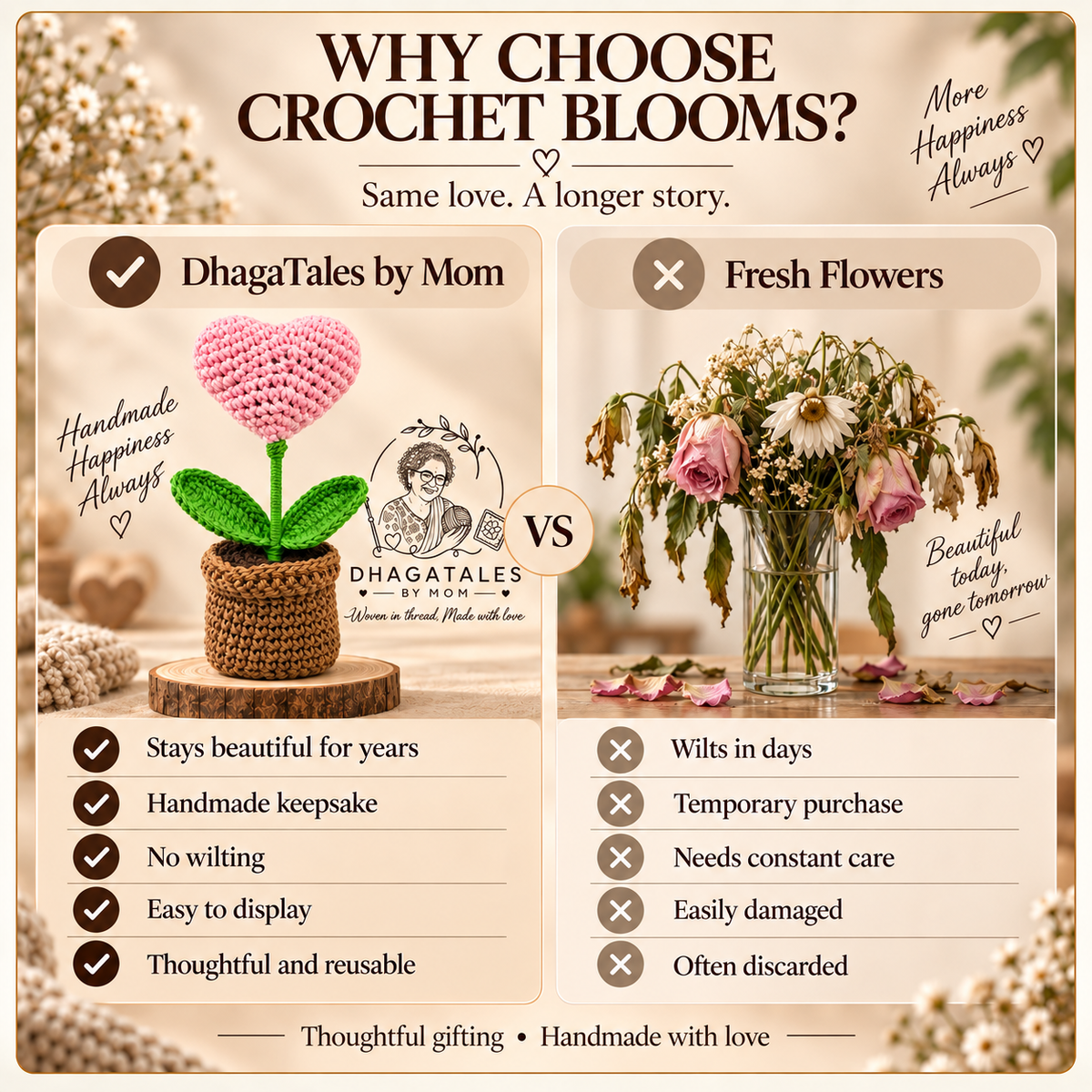 Sweetheart Bloom Pot: comparison graphic presenting the handmade keepsake alongside a conventional alternative.