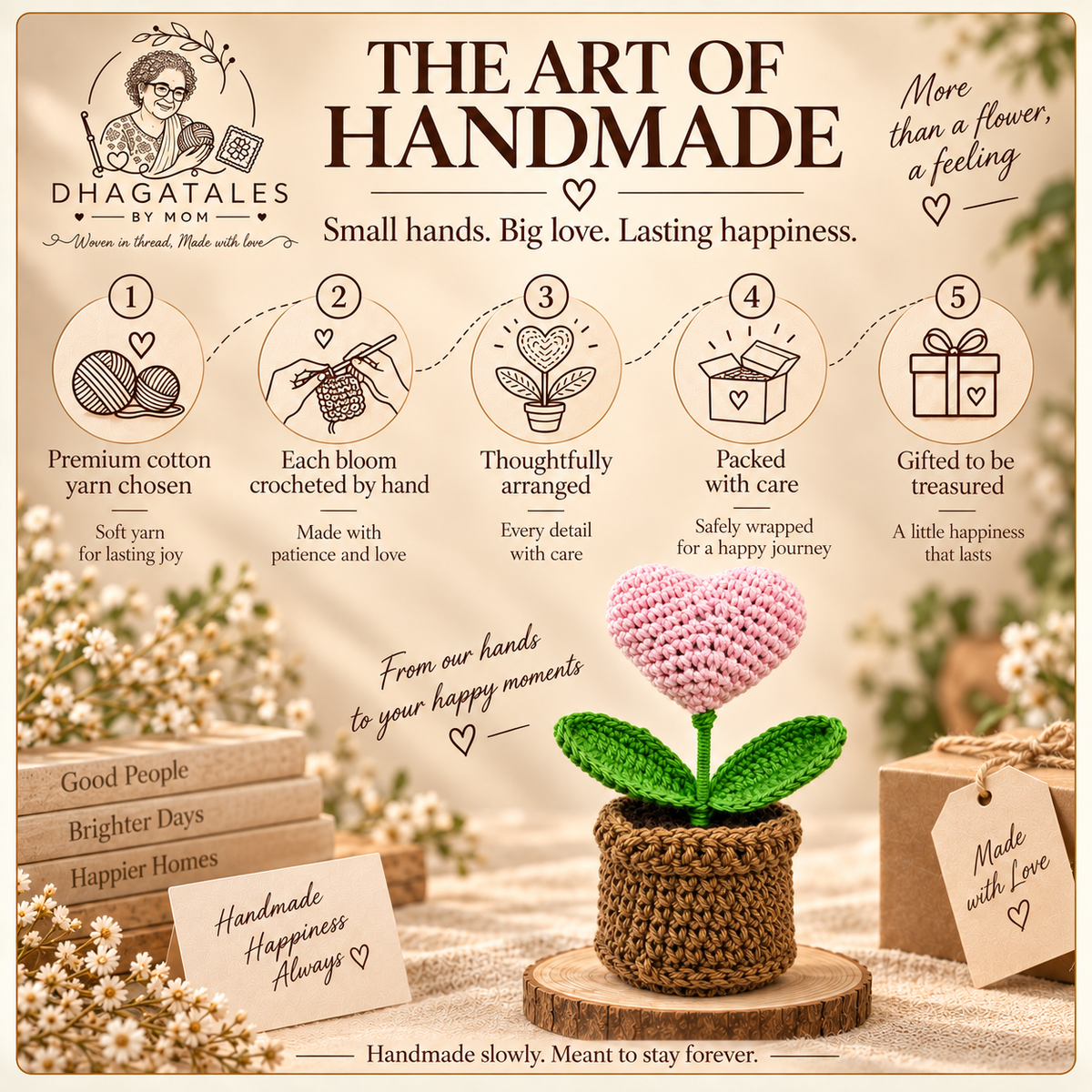Sweetheart Bloom Pot: 'The Art of Handmade' graphic illustrating crochet, finishing and gift presentation.