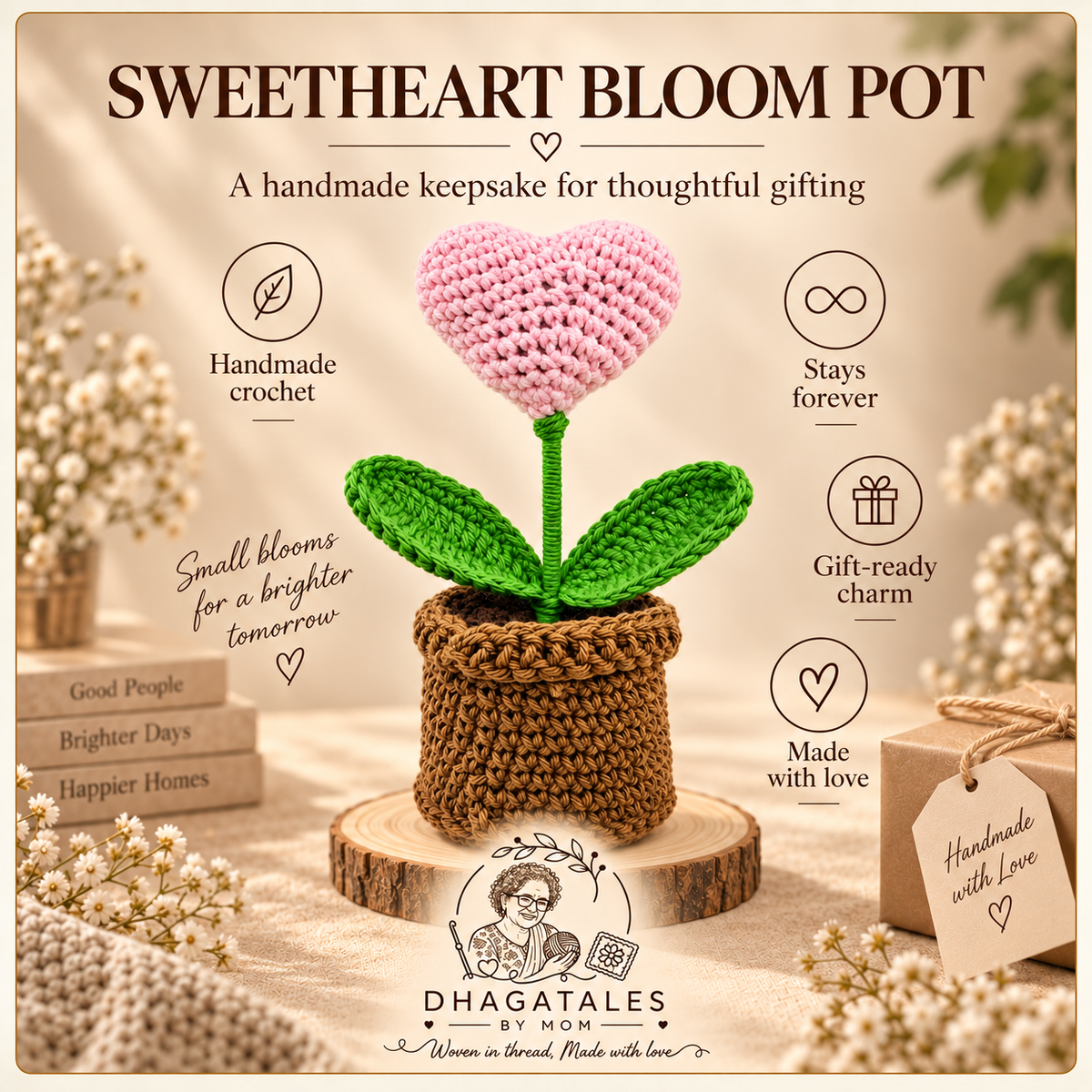 Sweetheart Bloom Pot: illustrated overview of the crochet design and gifting details.