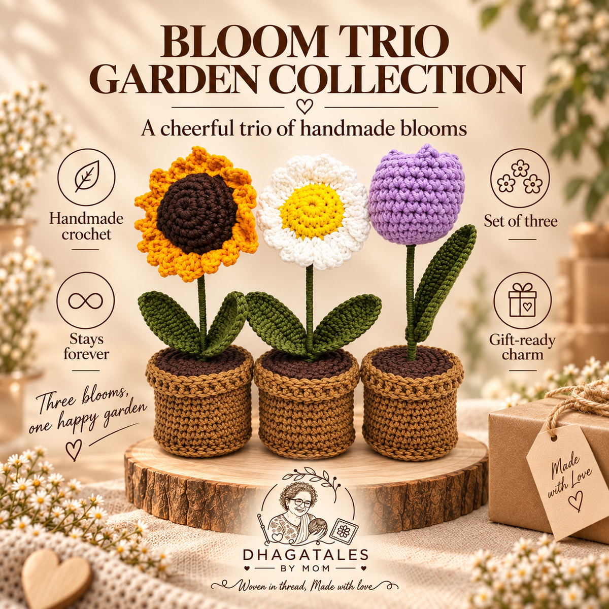 Bloom Trio – Garden Collection: illustrated overview of the crochet design and gifting details.