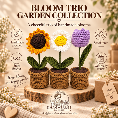 Bloom Trio – Garden Collection: illustrated overview of the crochet design and gifting details.
