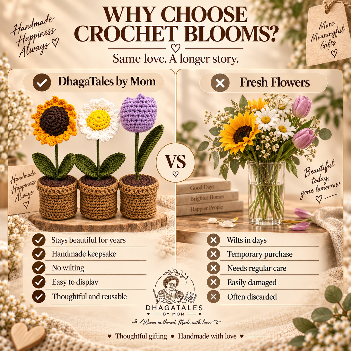 Bloom Trio – Garden Collection: comparison graphic presenting the handmade keepsake alongside a conventional alternative.