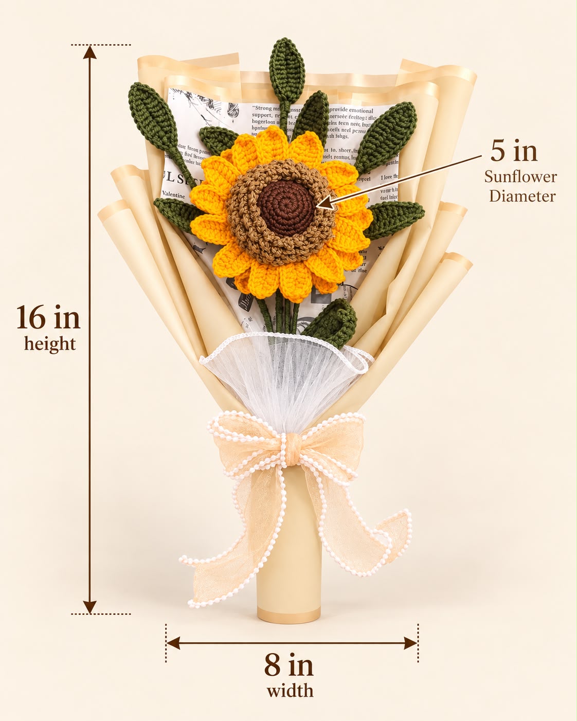 Sunflower bouquet measurements 16 inch height 8 inch width 5 inch bloom