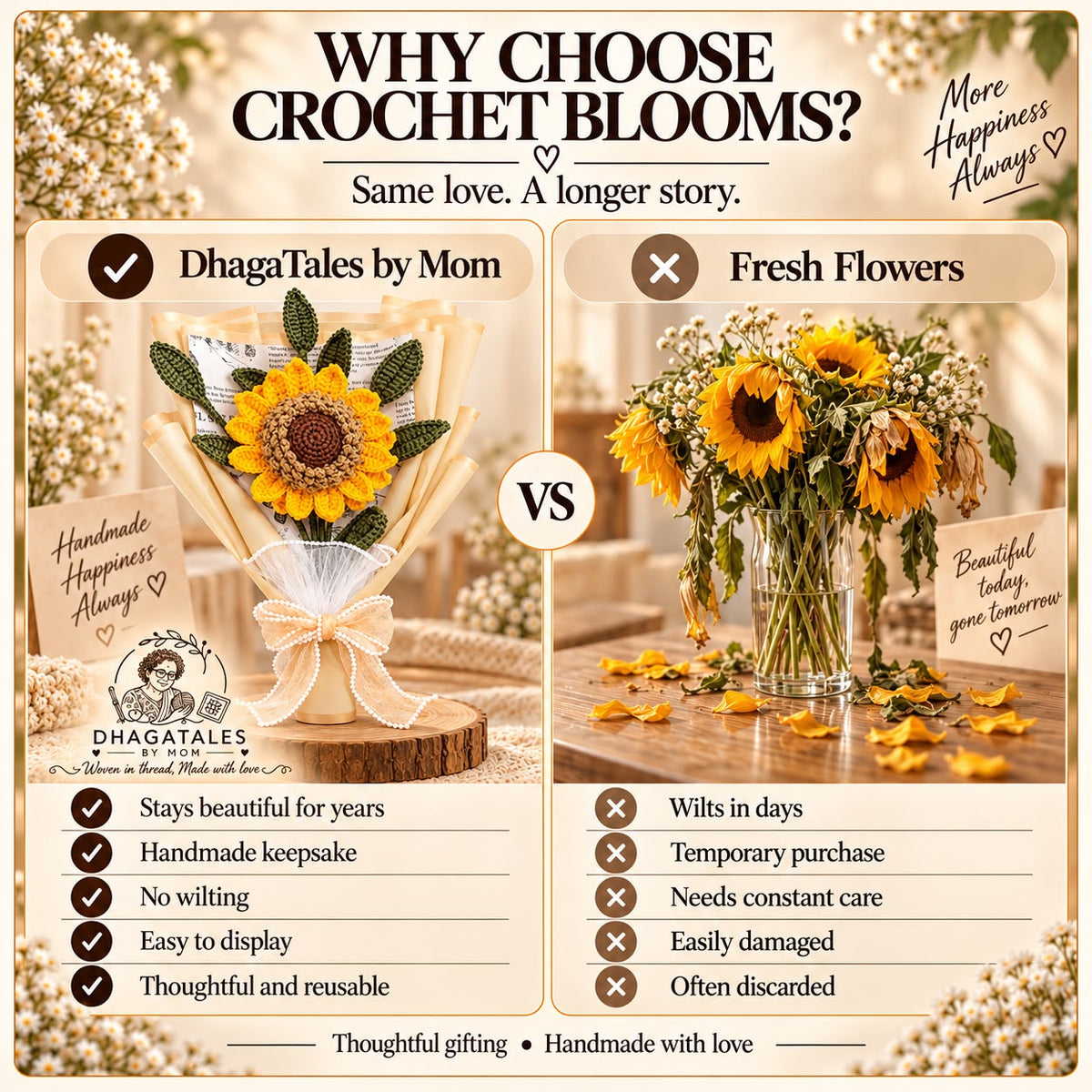 Comparison of handmade crochet sunflower bouquet and fresh flowers, highlighting long lasting gifting