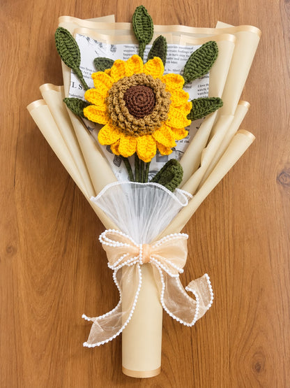 Full crochet sunflower bouquet with cream gift wrapping on wood