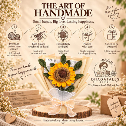 Five stages of making and gift wrapping a handmade crochet sunflower bouquet