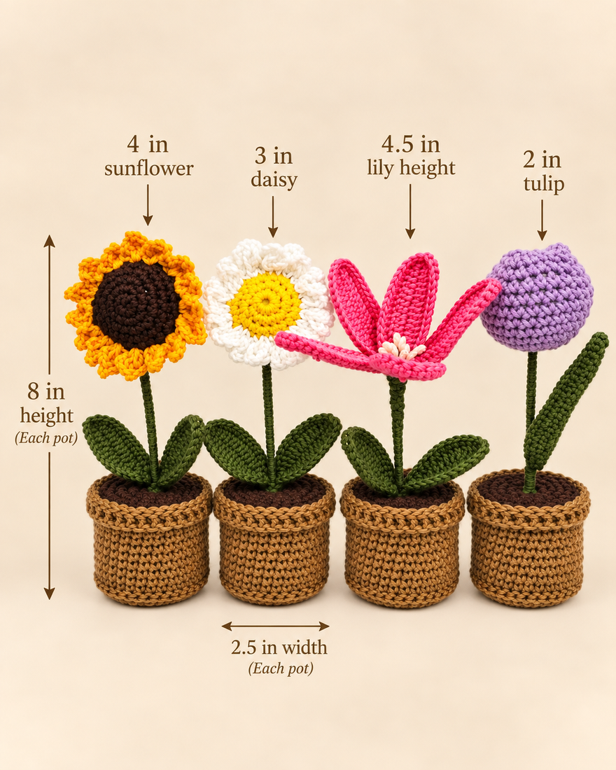 Bloom Quartet Garden Collection dimensions: each pot 8 in high and 2.5 in wide; sunflower 4 in diameter, daisy 3 in diameter, lily petals 4.5 in high, tulip 2 in diameter