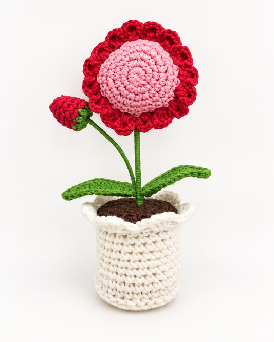 Crimson Blush Sunflower Bloom Pot handmade crochet flower pot front view