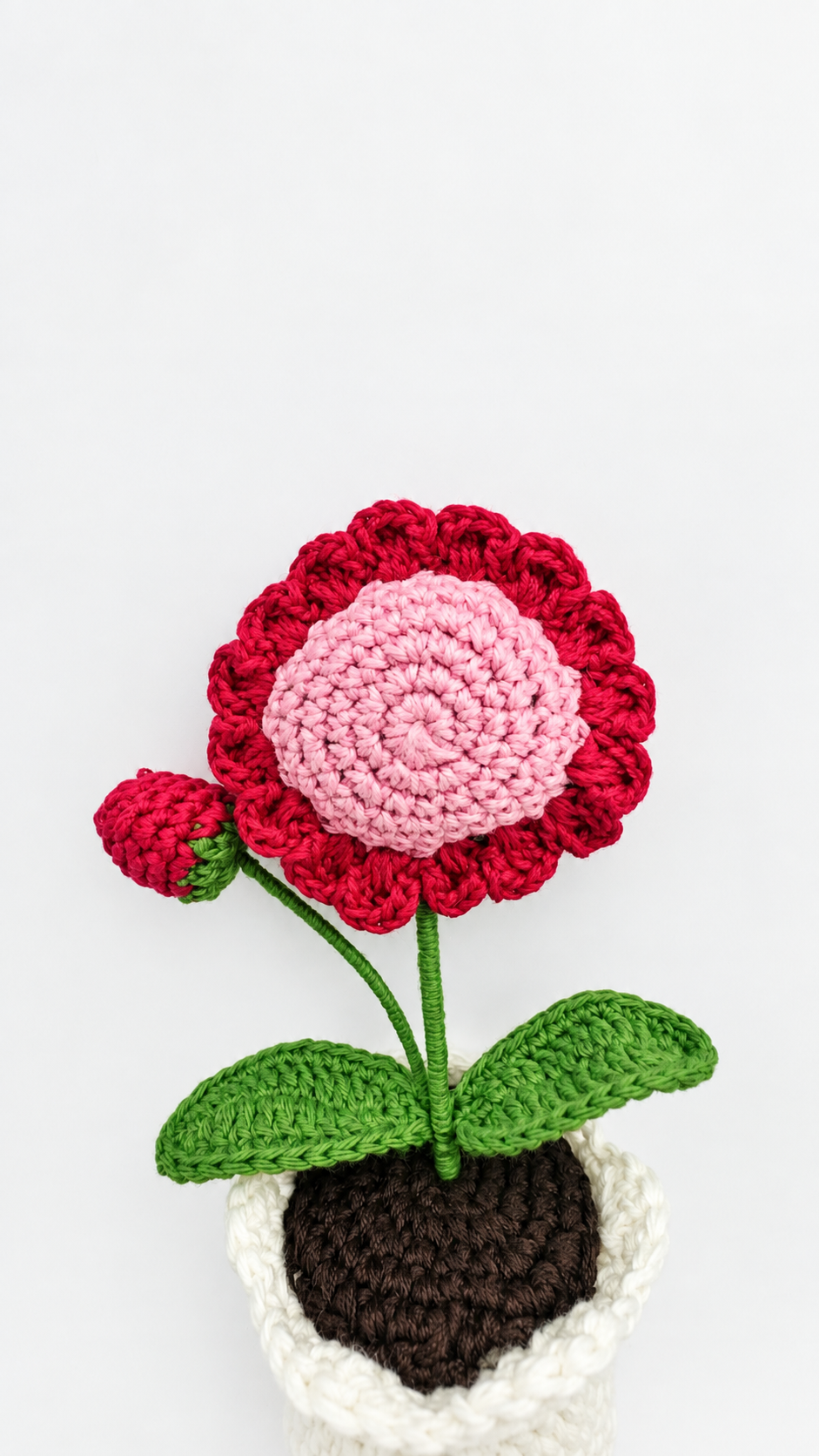 Crimson Blush Sunflower Bloom Pot crochet flower close-up