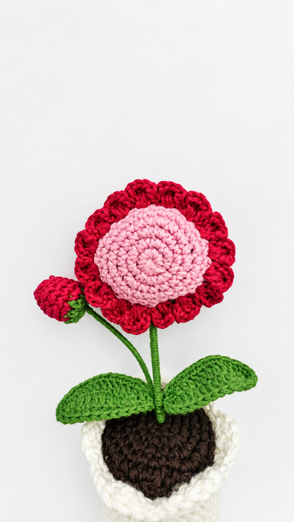 Crimson Blush Sunflower Bloom Pot crochet flower close-up