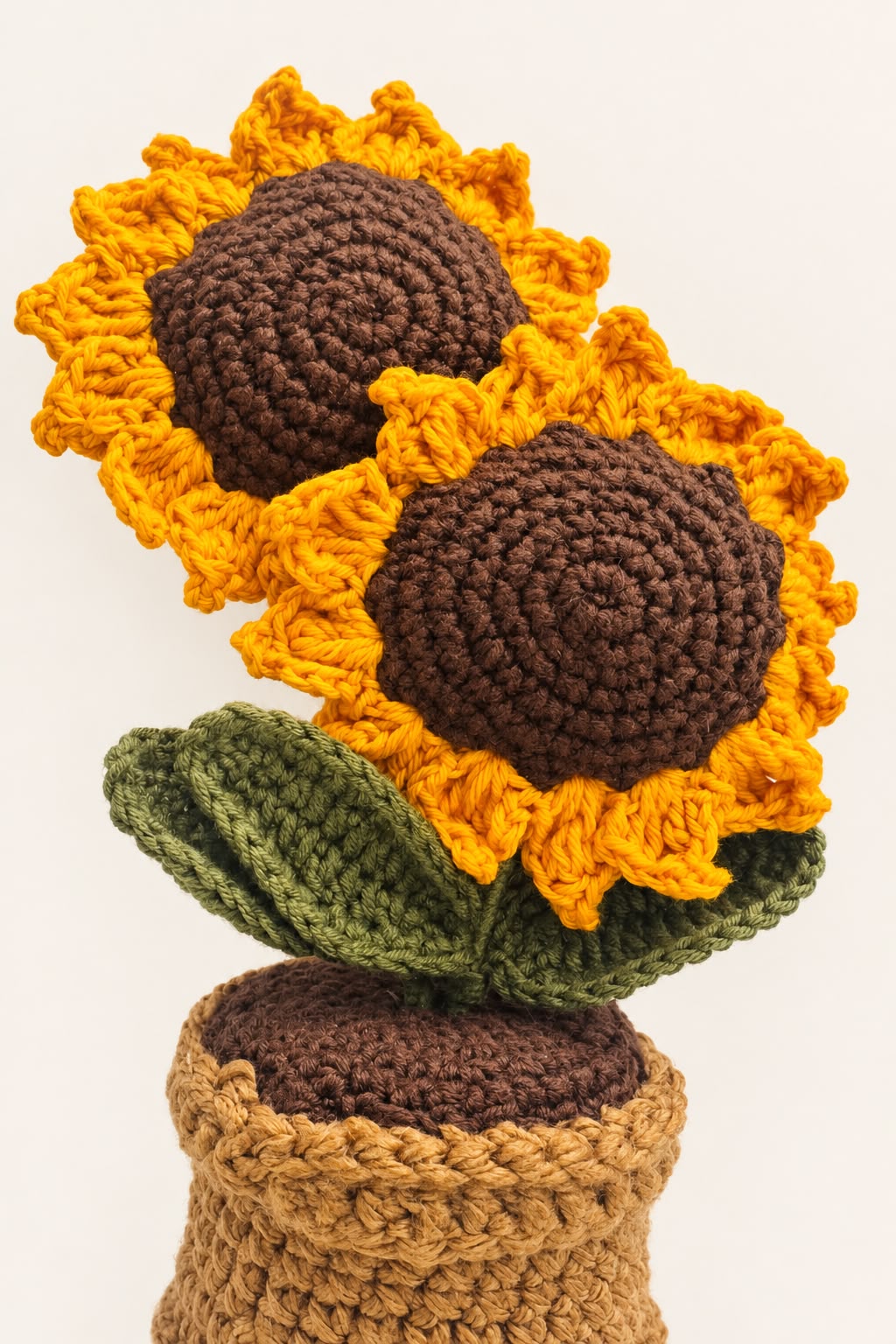 Close-up of Golden Sunflower Duo Pot showing yellow petals, brown flower centres and green crochet leaves