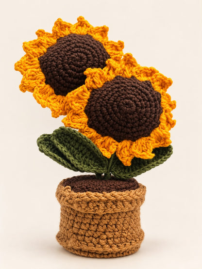 Golden Sunflower Duo Pot – two yellow crochet sunflowers with green leaves in a brown crochet pot