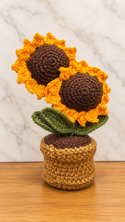 Golden Sunflower Duo Pot displayed on a wooden tabletop against a marble-patterned background