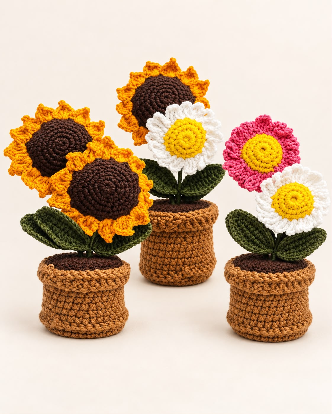 Luxe Duo Pot Set – three crochet flower pots arranged together, with yellow sunflowers and pink and white daisies