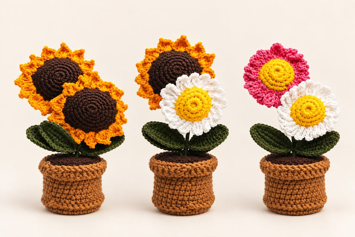 Luxe Duo Pot Set – three crochet pots with yellow sunflowers and pink and white daisies
