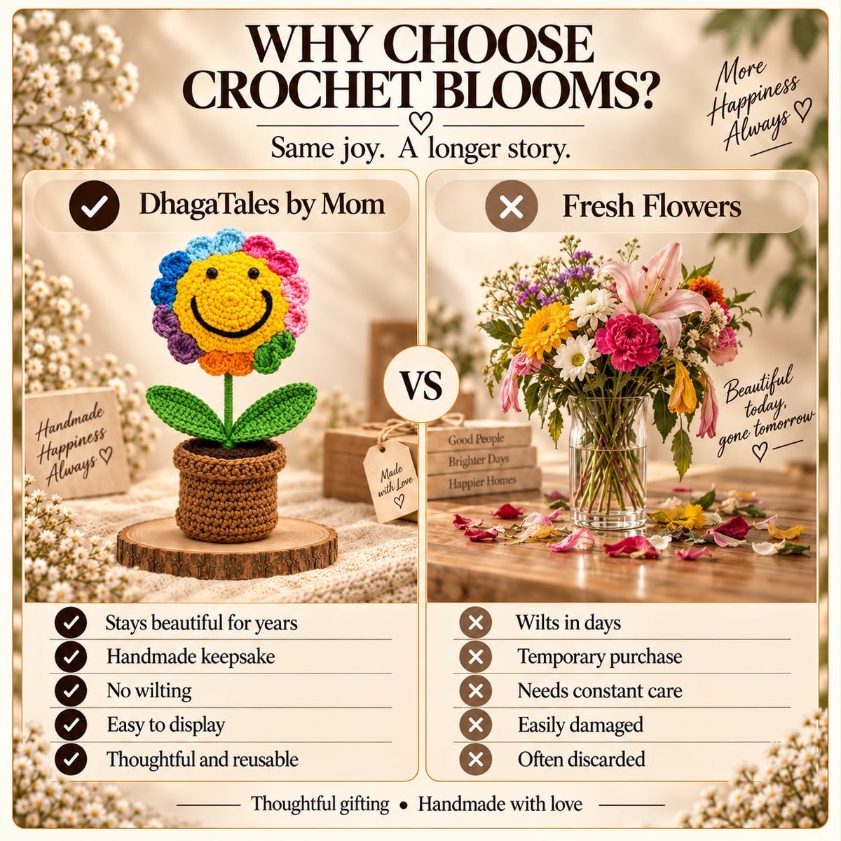 Rainbow Joy Bloom Pot graphic comparing crochet keepsakes with fresh flowers