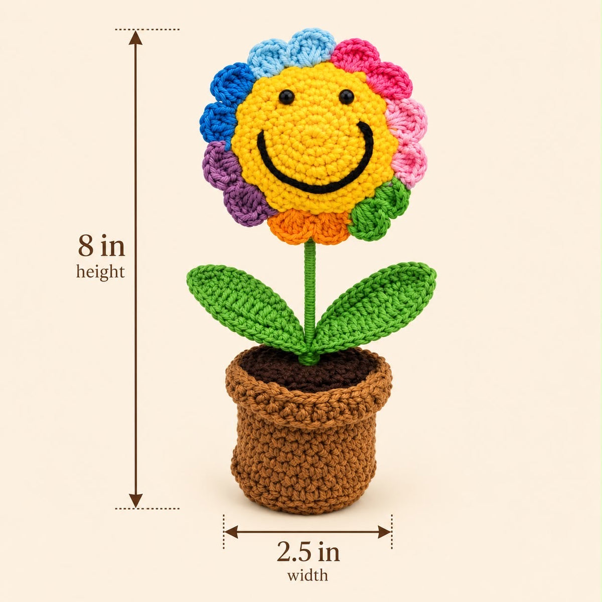 Rainbow Joy Bloom Pot size guide showing 8-inch total height and 2.5-inch pot width